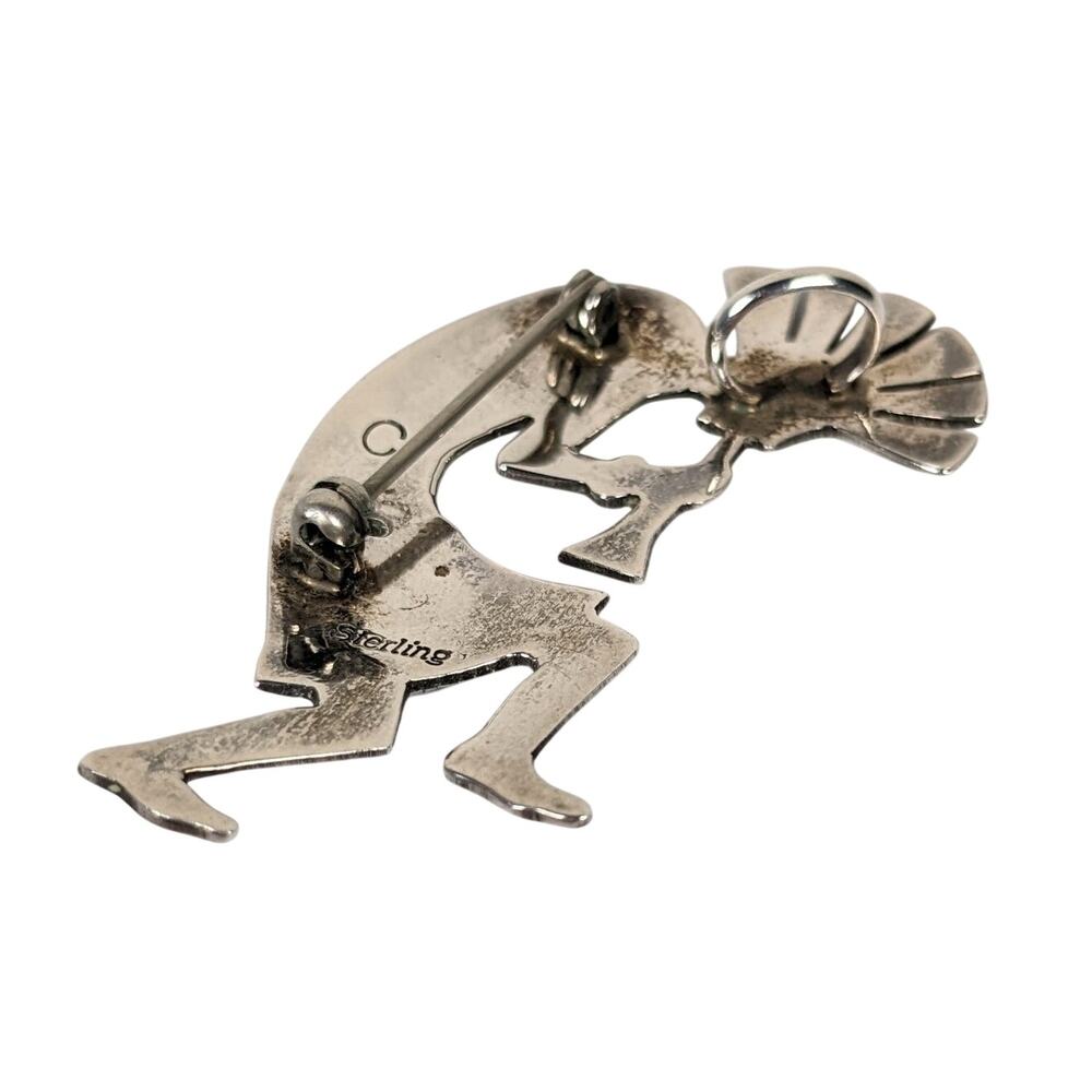 Vintage Sterling Silver Onyx Native American Signed C Kokopelli Pendant Brooch - Picture 4 of 7